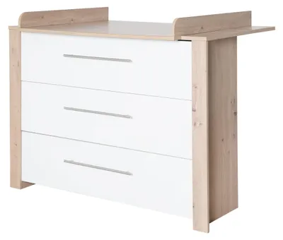 Immagine prodotto di Comò fasciatoio Malo, completo di accessorio fasciatoio removibile - Fasciatoio con 3 cassetti, inclusi pomelli in metallo - Struttura in legno bianco / finitura "Artisan" effetto legno di quercia