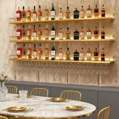 Imagen del producto de Estante de pared para vinos de 100 cm, con soporte para copas, 3 niveles, estructura metálica para exhibición de vinos, estilo industrial moderno, ideal para el hogar, comedor, bar, cocina y decoración (dorado)