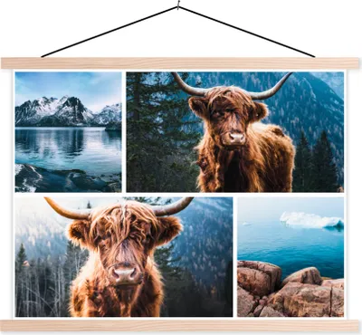Produktbild von MuchoWow® Textilposter Schottisches Hochlandrind - Collage - Berg 120x90 cm mit holzfarbenen Rahmen - Magnetisch