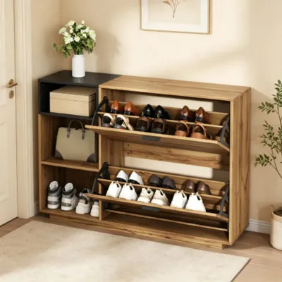 Produktbild von Schuhschrank mit 3 offenen Fächern & 2 Klappfächern,Schuhschrank, Doppelschrank 120x32x84,5cm