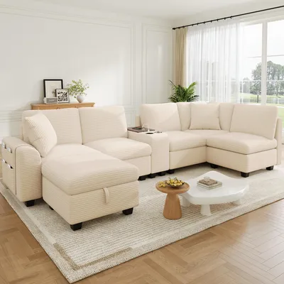 Zdjęcie produktu dla Sofa narożne w kształcie litery "U" Merax, 6-osobowe, modułowe sofa w kształcie litery "L" z pojemnikiem na przechowywanie, konsola środkowa z portem USB typu C i uchwytami na napoje, sofa modułowa obita tkaniną, kolor beżowy