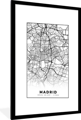 Produktbild von MuchoWow® Gerahmtes Poster Madrid - Schwarz und weiß - Stadtplan - Karte 60x90 cm - Poster mit Schwarzem Bilderrahmen Wandposter Rahmen Foto Bilder - Dekoration - Wandposter Wohnzimmer - Hochwertig