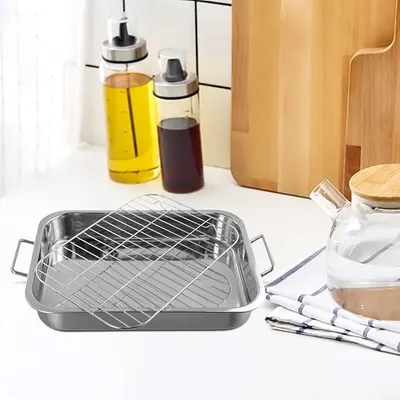 Imagen del producto de Sartén profunda de acero inoxidable con rejilla para asar, ideal para hornear y freír, de 39 x 28 x 6 cm. Fuente para horno resistente, con acabado de alto brillo. Plato hondo (36 x 26 x 6 cm), apto para lavavajillas