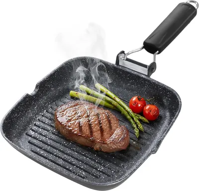 Imagen del producto de Sartén para parrilla, con revestimiento antiadherente de titanio , de 20 x 20 cm, apta para inducción y gas