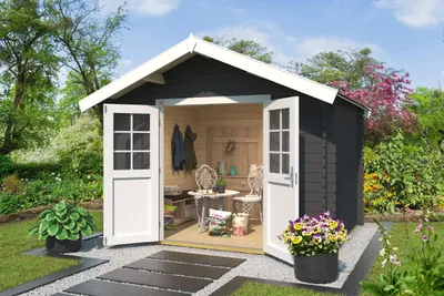 Produktbild von Gartenhaus Vaduz 209, 28 mm Wandstärke mit Doppeltür - B x T x H - 333.00 x 310.00 x 244.00 - Carbongrau