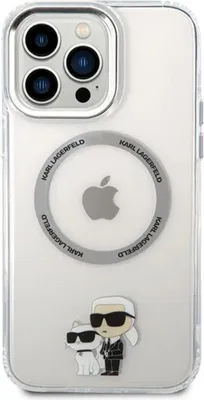 A transparent iPhone 13 Pro Max case with Karl Lagerfeld branding and a graphic of Karl Lagerfeld and his cat Choupette.