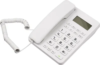 A white corded desktop telephone is shown against a white background.