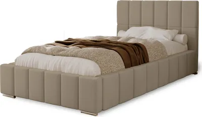 Produktbild von Polsterbett Alma 90x200 cm, Bett mit Kopfteil, Doppelbett mit  Bettkasten, Lattenrost und Matratze aus Holz, Velourstoff:  Hellbraun