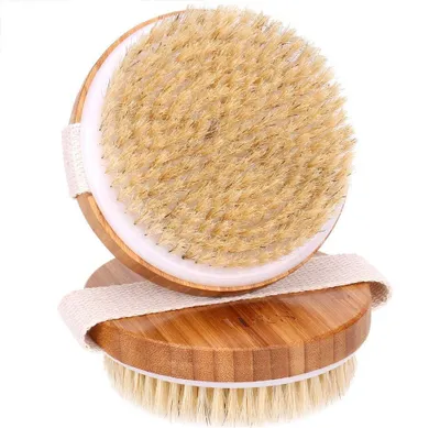 Image de Brosse pour le corps en bambou – lot de 2 – brosse à sec et brosse de massage à poils naturels pour le gommage corporel, contre la cellulite et idéale pendant la grossesse – lot de brosses de massage en bois – 2 brosses à sec