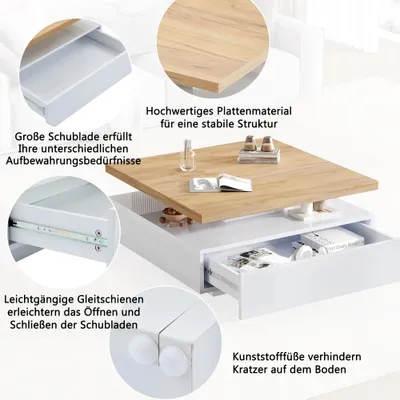 Zdjęcie produktu dla Wielofunkcyjny, kwadratowy stolik kawowy - obrotowy o 360 stopni - z wysokim połyskiem - 2 poziomy - z miejscem do przechowywania - wykonany z płyty wiórowej - kolor biały