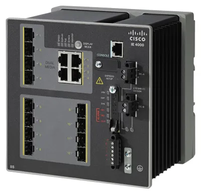 Produktbild von Cisco Industrial Ethernet 4000 Series - Switch - managed - 8 x Gigabit SFP + 4 x Kombi-Gigabit-SFP - an DIN-Schiene montierbar - DC power - TAA-konform