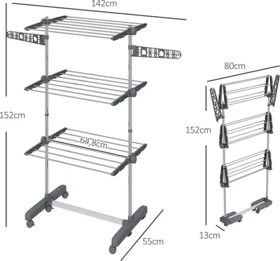 A diagram showing a three-tiered drying rack with dimensions indicated.