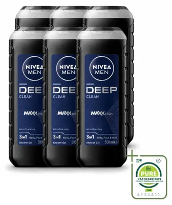 Image de 6 x NIVEA MEN Gel douche nettoyant 3-en-1 - 500 ml - Pack économique - 6 pièces