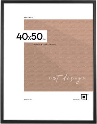 A black framed picture frame with a textured brown insert and text indicating size and branding.