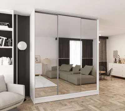 Produktbild von Schwebetürenschrank 3-türig 170x250x58 cm weiß mit 3 Spiegeln – Moderner Kleiderschrank für Schlafzimmer und Flur