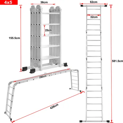 Produktbild von LZQ 550cm Leiter Mehrzweckleiter Klappleiter Gelenkleiter mit Plattform 4x5 Stufen Aluleiter Multifunktionsleiter Kombileiter 6 in 1 Anlegeleiter Stehleiter aus Aluminium, belastbar 150KG