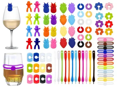80 Silikon-Glasmarkierer für Weingläser, bunt, 8 Stile