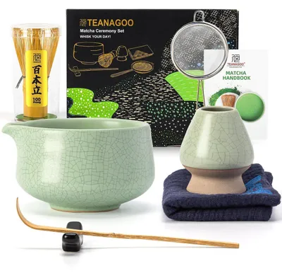 Immagine prodotto di Set da tè Matcha, 7 pezzi: ciotola in Vetroceramica, pennello in bambù, paletta in bambù, setaccio, supporto, portaoggetti, strofinaccio. Colore: verde chiaro