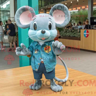 Produktbild von Türkises REDBROKOLY Maus-Maskottchenkostüm mit Jeansshorts und Armbanduhren
