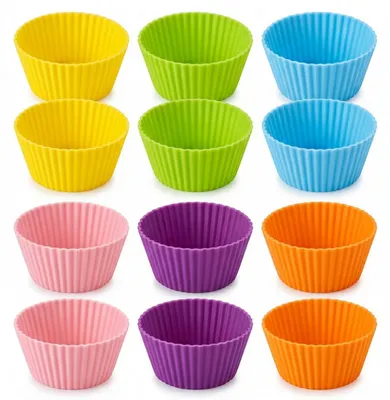 Zdjęcie produktu dla Formy do muffinek silikonowe, 12 sztuk, 6 kolorów, nieprzywierające, wielokrotnego użytku