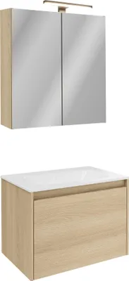 Produktbild von Fackelmann Badmöbel-Set 5-teilig  Elegantes Komplettset im Lindberg Eiche-Design mit Waschtischunterschrank, Keramikbecken & beleuchtetem Spiegelschrank