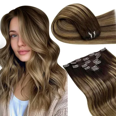 Obrázok produktu pre Predlžovanie vlasov, prírodné vlasy, klipsňa, balayage, tmavohnedá, ombre, karamelová blond, 105 g, 7 kusov, 40 cm