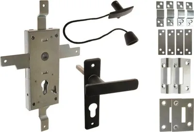 A collection of door lock hardware components laid out on a white background.
