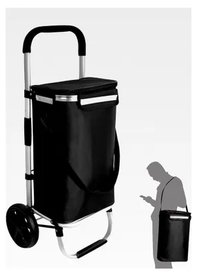 Produktbild von Einkaufstrolley mit Kühlfach, klappbarer Einkaufswagen bis 45 kg, Aluminiumrahmen, Einkaufsroller mit Seitentaschen, abnehmbare Tragetasche, Schwarz