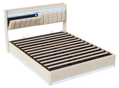 Immagine prodotto di Letto imbottito - Struttura del letto - 140 x 200 cm - Con illuminazione LED - Contenitore a sollevamento idraulico - Testiera con spazio contenitore - Tessuto velluto - Colore beige