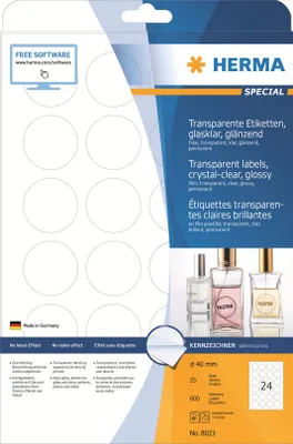 Produktbild von Etiketten transparent glasklar A4 Ø 40 mm rund transparent klar Folie glänzend 600 St.