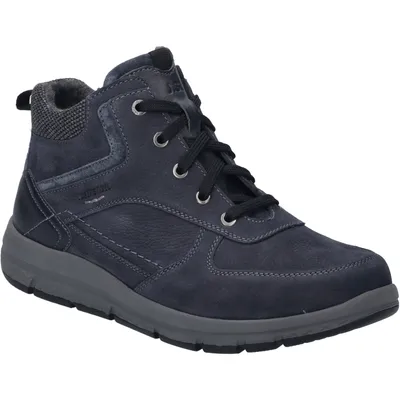 A single blue men's boot is shown against a white background.