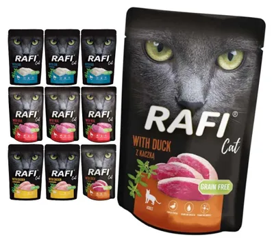 Zdjęcie produktu dla Rafi Cat Adult Mix Smaków 10x100g Bezzbożowa Mokra Karma Dla Kota Dorsz Cielęcina Kurczak Kaczka