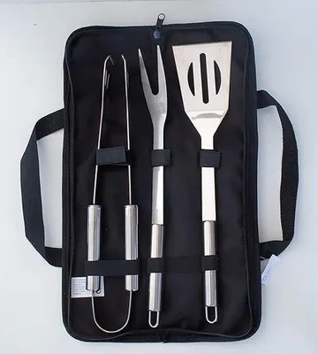 Immagine prodotto di Set di utensili da barbecue, posate in acciaio di alta qualità, con valigetta da trasporto, ideale per gli uomini, con termometro per carne, regalo.