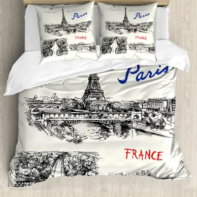 Produktbild von ABAKUHAUS Eiffelturm Bettbezug Set, Paris Skizziert Schattenbild Klassische Landschaftsverkehr Illustration, 155 x 220 cm + 80 x 80 cm, Schwarz Creme