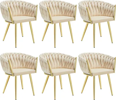 Image de Set de chaises de salle à manger Astano velours design noué - couleur sable/or, Lot de 6