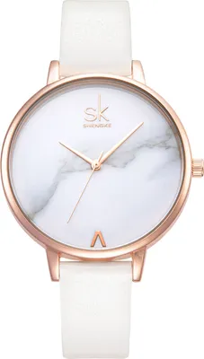 A close-up, front-facing view of a women's wristwatch with a white marble-patterned dial and a white leather strap.