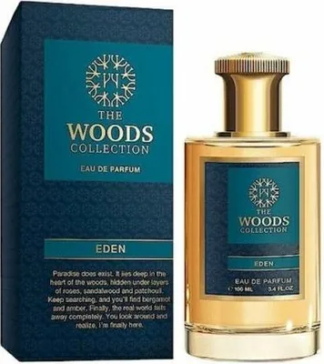 A perfume bottle and its packaging are displayed against a white background.