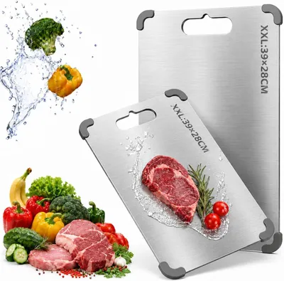 Obrázok produktu pre Krájacia doska 39x28 cm, nehrdzavejúca oceľ, protišmyková so silikónovým okrajom, antibakteriálna, do kuchyne