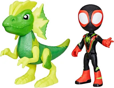 Two action figures, a green dinosaur and a Spider-Man character, are shown against a white background.