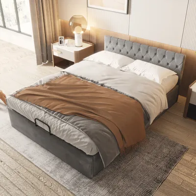 Produktbild von okwish Polsterbett 140 x 200 cm Bett mit Bettkasten Samt-Stoff Lattenrost Doppelbett Stauraum Grau