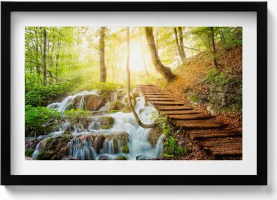 Produktbild von Bach und Treppe im Wald– Wandbild mit Rahmen – Gerahmtes Bild  – Wanddekoration – 60x40 cm –  Schwarz Rahmen