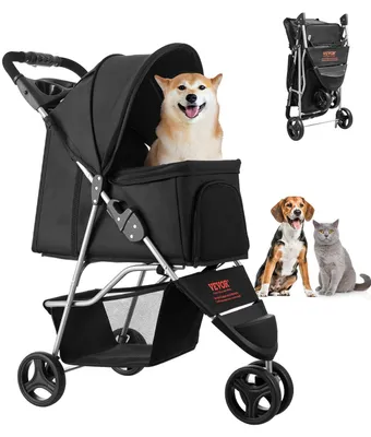 Produktbild von VEVOR Hundewagen, Tragkraft 16 kg, faltbarer Tierbuggy, Katzenwagen mit 3 Rädern, Netzfenstern & Getränkehaltern, Hundebuggy mit Bremse, für kleine bis mittelgroße Haustiere