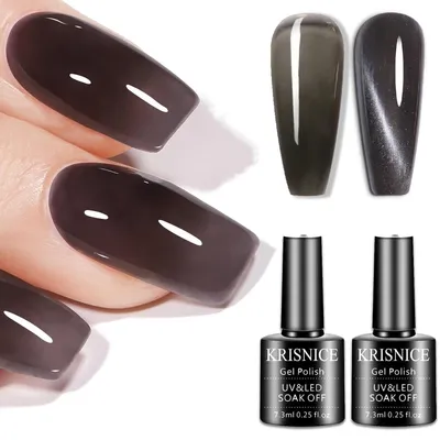 Zdjęcie produktu dla Zestaw żelowych lakierów hybrydowych "Jelly Crystal Gel" w kolorach: szary, transparentny, jesionowy, czarny, efekt "cat eye", pojemność 7,3 ml, zestaw 2 sztuki