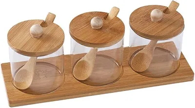 Imagen del producto de Juego de 3 recipientes de vidrio para especias, con capacidad de 300 ml cada uno, que incluye cucharas de madera, tapas y bases, ideales para almacenar sal, pimienta, chile, salsa y azúcar
