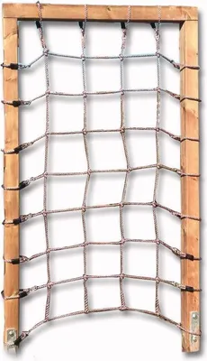 A climbing net attached to a wooden frame, shown against a white background.