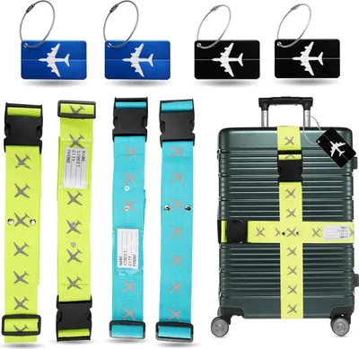 Produktbild von XXL Set 4X Kofferband & 4X Kofferanhänger - Koffergurt besonders auffällig - Gurtband inkl. Namensschild für Koffer & Gepäck - Luggage Strape