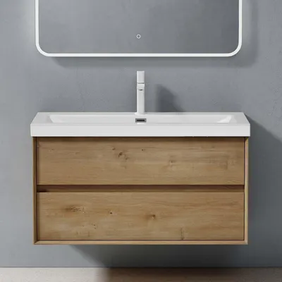 Immagine prodotto di doporro Mobile Bagno Sospeso 100cm, Mobiletto per Bagno con 2 Cassetti Include Lavabo Bianco Rimo F156, Marrone chiaro