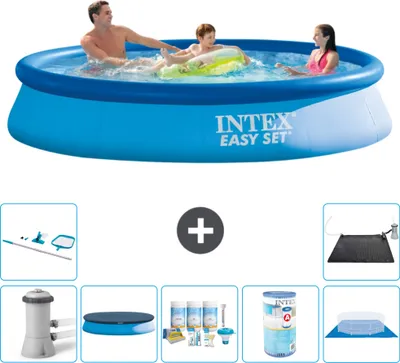 Produktbild von Intex runder aufblasbarer Easy Set-Schwimmpool – 366 x 76 cm – Blau – inklusive Pumpe Abdeckung - Wartungspaket - Filter - Bodenplane - Reinigungskit - Solarmatte