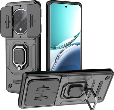 Obrázek produktu pro Pouzdro pro Oppo A3 Pro dvouvrstvé pouzdro s posuvnou ochranou kamery a držákem prstenu, stojánek černé