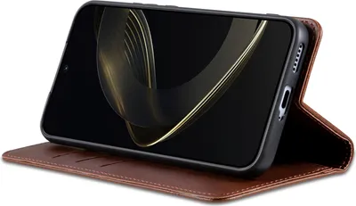 A brown leather flip case for a smartphone is shown in a studio setting.
